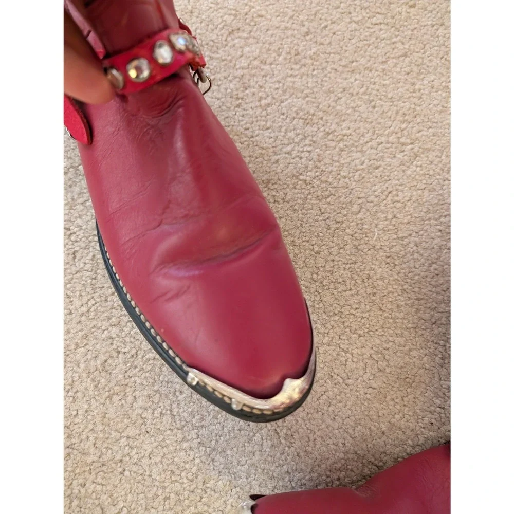Vintage Red Leather Cowboy Boots Silver Metal Toe Studded Chains-‎ Womens 6.5